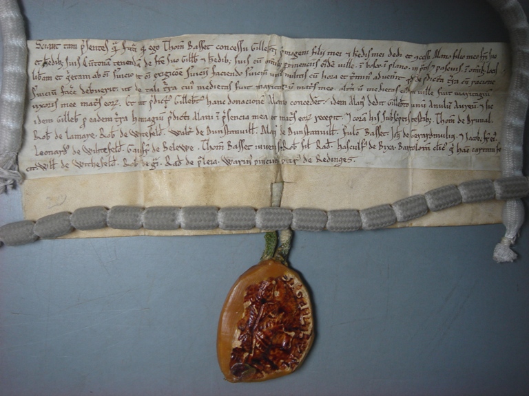 E40/4828: Grant by Thomas Basset of land in Compton Bassett to Alan, his son,
          1180x1182, with details of the ceremony to validate the conveyance